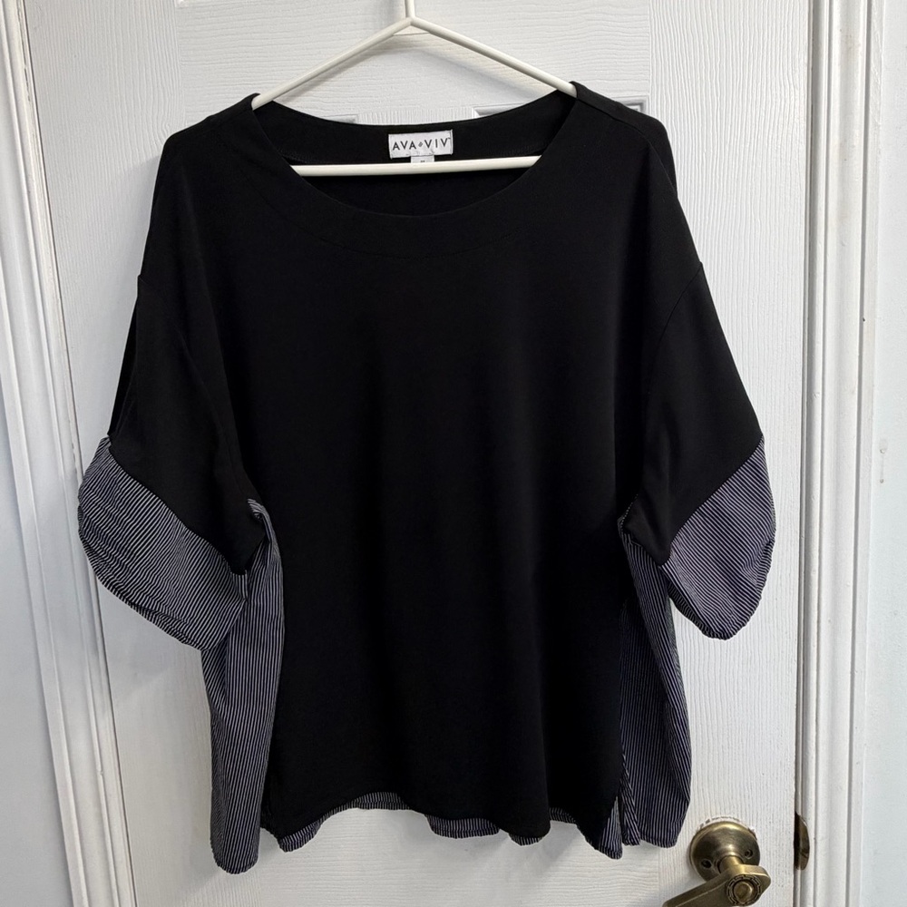 Ava & Viv Black Mixed Media Tunic Top Plus Size 3X Striped Casual Stretch